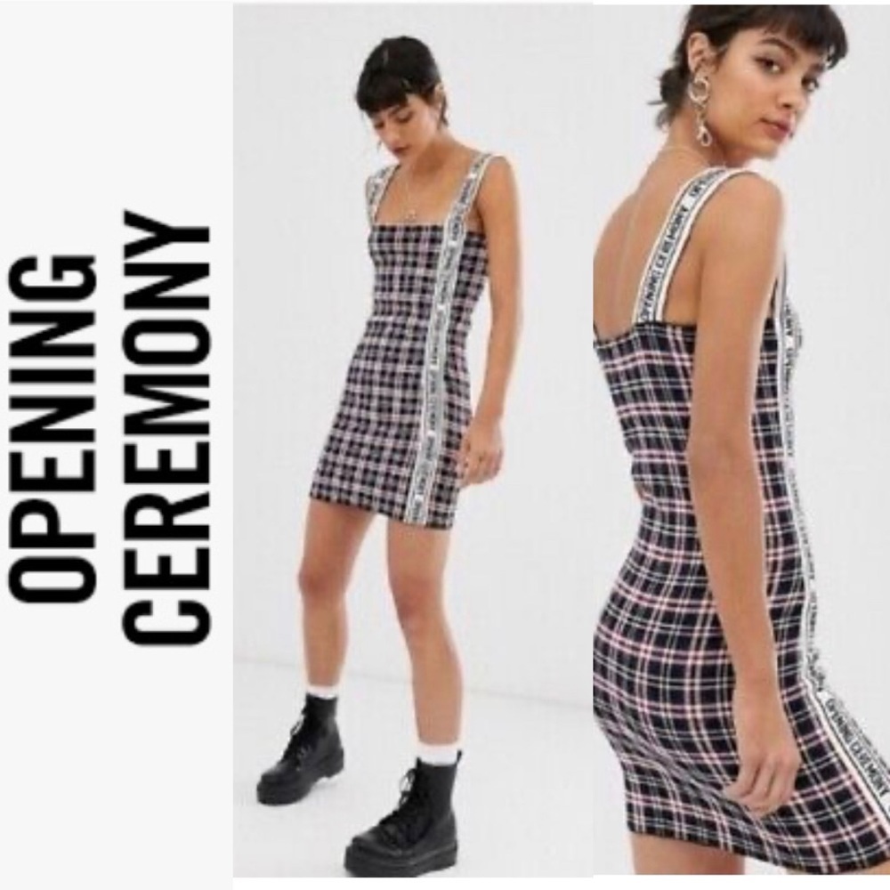 Opening Ceremony Tartan Plaid Stretch Knit Logo Mini Grunge Dress